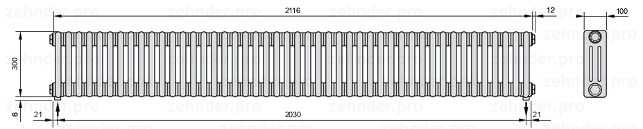 Схема (чертеж) Радиатор Zehnder Charleston 3030/46 №3570 Белый глянцевый RAL 9016